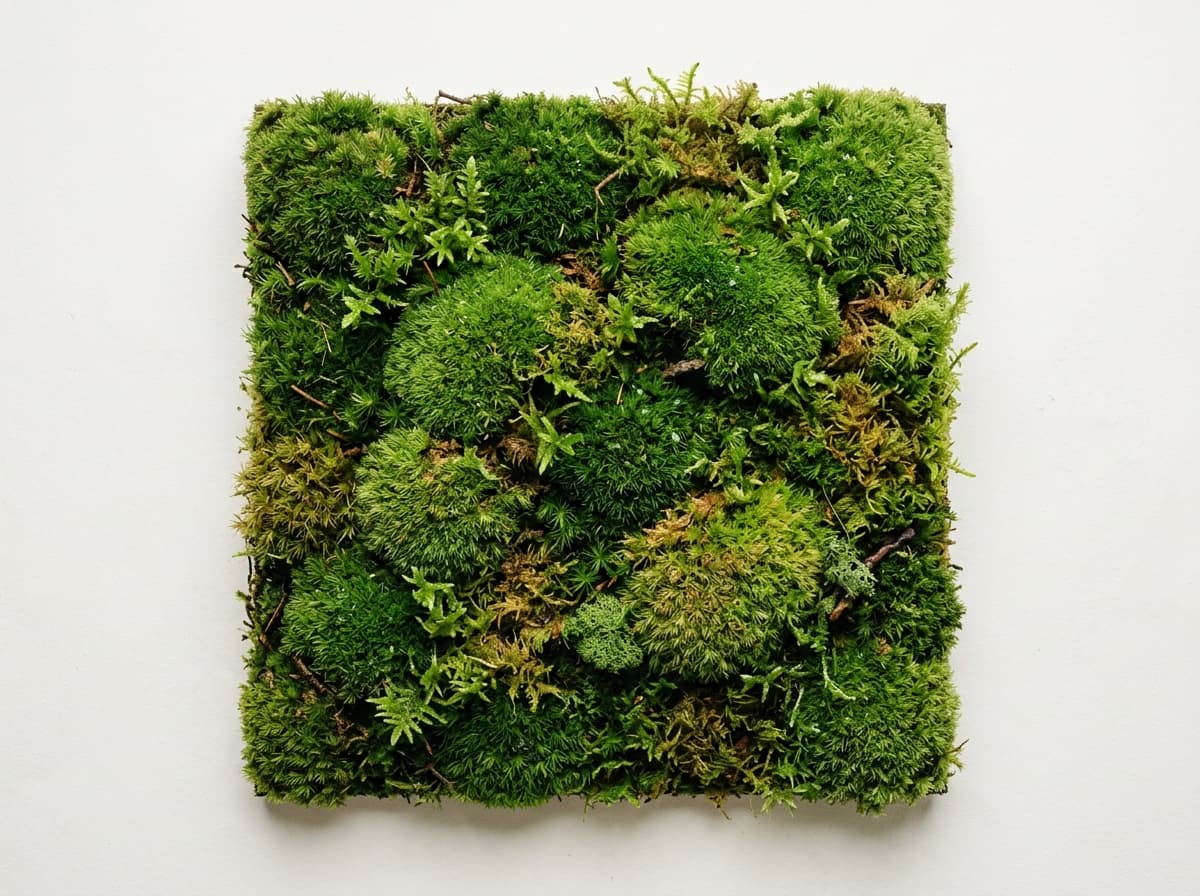 A section of living moss panel photographed from above, showing dense three dimensional green cushions