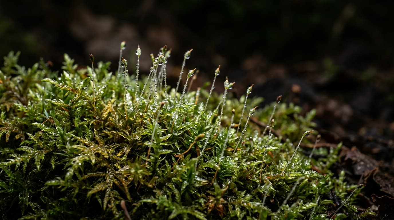 Macro photograph of living moss shoots with fine water droplets catching the light