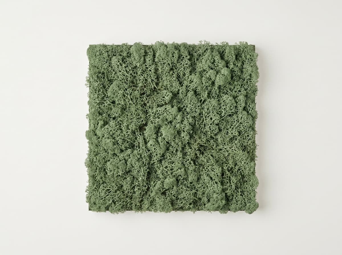 A flat section of preserved reindeer moss panel photographed from above on a neutral background
