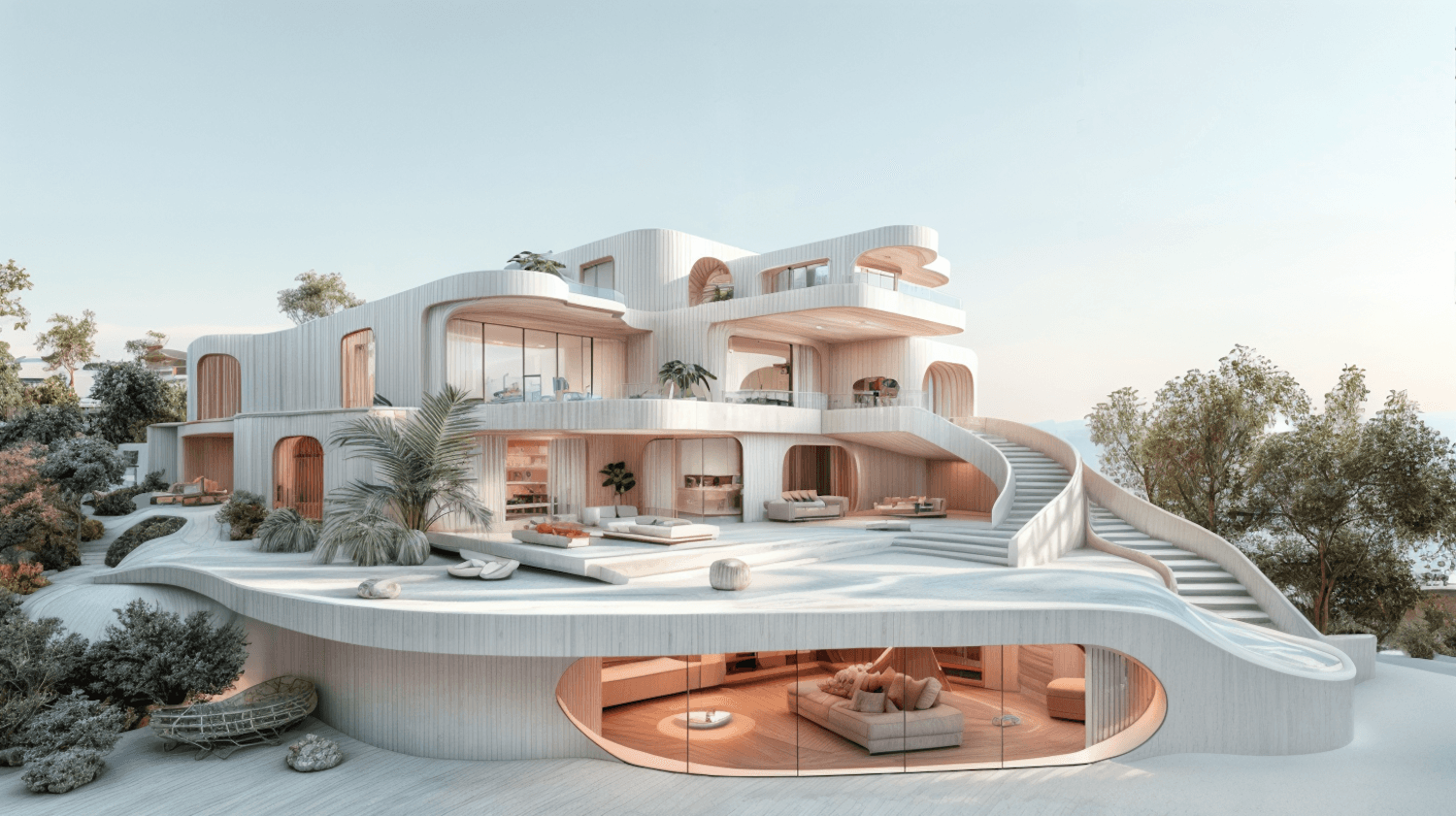 A daylit modern atrium where planting is built into the architecture